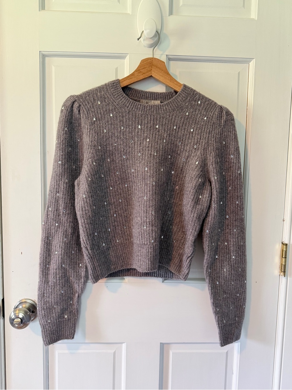 J. Crew Gray/Purple Ribbed Crewneck Sweater with Raindrop Accents